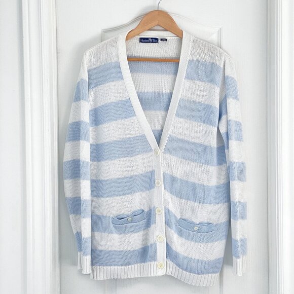 Hunters Run - Blue and White Striped 100% Cotton Knit Cardigan Sweater - Picture 1 of 6